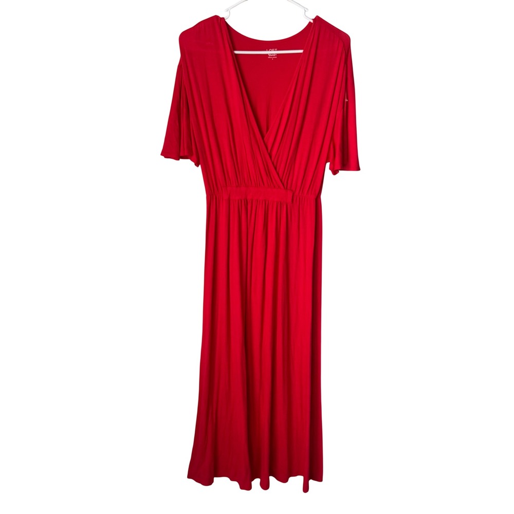 Loft Beach Red Surplice V-Neck Maxi Dress Short Flutter Sleeve Elastic Waist S